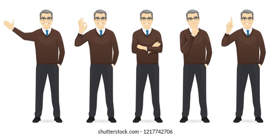 Business man set different gestures isolated vector illustration