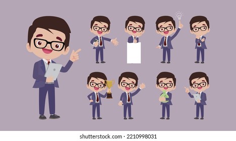 El hombre de negocios pone diferentes gestos