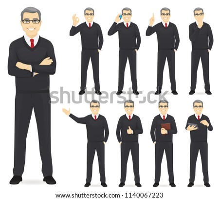 Business man set different gestures isolated vector illustration