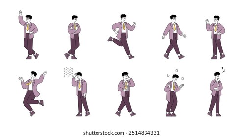 Conjunto de hombre de negocios. Diversas expresiones y acciones de un profesional. Caminar, correr, pensar y celebrar los éxitos. Ilustración vectorial.