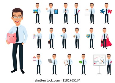 Business man, set of eighteen poses. Cartoon character with different things. Young handsome smiling businessman in office style clothes - stock vector