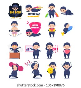 Business man set sticker character . vector draw, work, work hard, promoted, big boss, under pressure, OK, love job, on the way