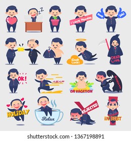 Business man set sticker character in the form of emoji. vector draw, work, dead line, holiday, rejected, monday  good job, boss. 