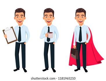 Business man, set of three poses. Cartoon character holding clipboard, holing coffee and wearing superhero cape. Young handsome smiling businessman in office style clothes - stock vector