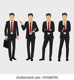 Business man set. Vector collection of full length portraits of businessman. Elegant, handsome and serious men in black suit and red tie. Flat design illustration isolated on white background