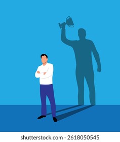 Business Man with Shadow of a Competition Winner with Cup. White collar workers and company CEO leaders aiming for success