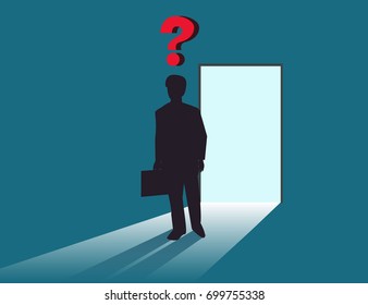 Business man shadow with question mask in front of the door . Business concept Isometric 3d design vector illustration
