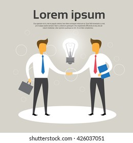 Business Man Shake Hand Concept Light Bulb New Idea Flat Vector Illustration