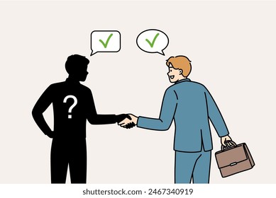 Business man shakes hands and makes deal with anonymous partner, risking becoming victim of scammer. Guy manager hires anonymous inspector to check quality of work of corporation personnel