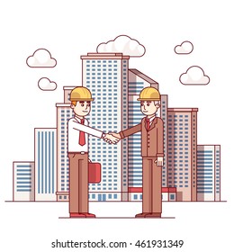 Business man shaking hands. Real estate architect and city official deal agreement. City downtown landscape with high skyscrapers piercing clouds in the sky. Flat style thin line vector illustration.