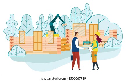 Business Man Shaking Hands with Woman Foreman Holding Clipboard with Documents on Construction Site Working Process Background with Equipment and Building Technique Cartoon Flat Vector Illustration