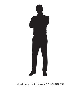 Business Man In Shirt Standing With Folded Arms, Isolated Vector Silhouette. Front View