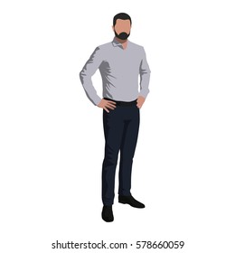 Business man in shirt standing with hands on his hips, abstract flat design vector character