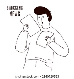 Business man shocked with negative information. Young male reading news in newspaper. Bad news and media concept. Surprised guy read message. Doodle, hand drawn and line art. Flat vector illustration