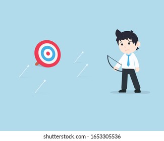  Business Man Shoot an arrow at the target but not hit the target at all.  difficult to succeed.