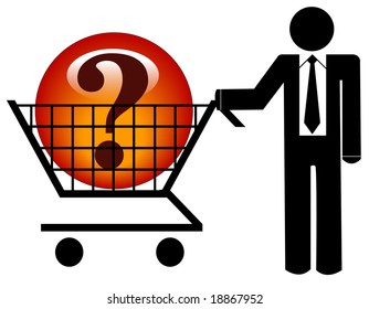 business man with shopping cart looking for solution or answers