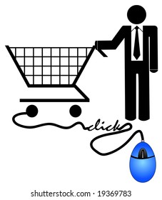 business man with shopping carting and computer mouse - ecommerce