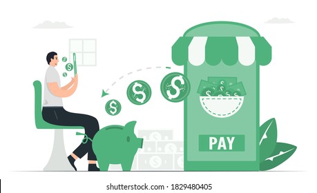 The business man shops online items. And also, he will get cash back to piggy bank after purchase. Payment method with digital money. This infographic banner was designed by using vintage green color.