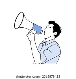 Business man shouting by megaphone, loudspeaker, making announcement. Advertising, marketing business concept. Vector simple outline drawing for graphic, web design Isolated on white background.