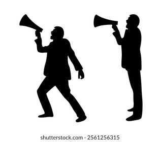 Business Man Shouting into Megaphone Silhouette. Announcements and product advertisement concept vector art