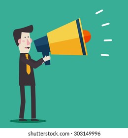 Business man shouting in a megaphone. Man announcing through loudspeaker advertising. Announcing promotion and banners concept. Vector illustration in a flat design style