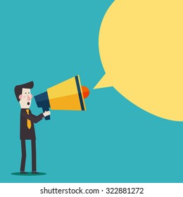 Business man shouting in a megaphone. Man announcing through loudspeaker advertising. Announcing promotion and banners concept. Vector illustration in a flat design style