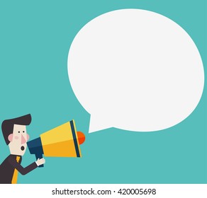 Business man shouting in a megaphone. Man announcing through loudspeaker advertising. Announcing promotion and banners concept. Vector illustration in a flat design style