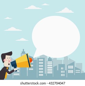 Business man shouting in a megaphone. Man announcing through loudspeaker advertising. Announcing promotion and banners concept. Vector illustration in a flat design style