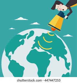 Business man shouting in a megaphone. Man announcing through loudspeaker advertising. Announcing promotion and banners concept. Vector illustration in a flat design style