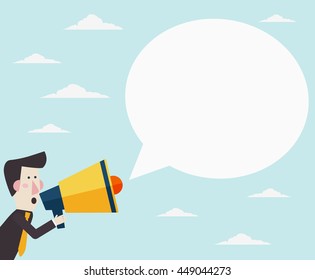 Business man shouting in a megaphone. Man announcing through loudspeaker advertising. Announcing promotion and banners concept. Vector illustration in a flat design style