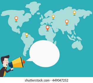 Business man shouting in a megaphone. Man announcing through loudspeaker advertising. Announcing promotion and banners concept. Vector illustration in a flat design style