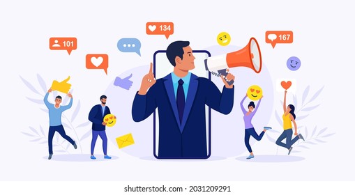 Business man shouting in megaphone and young people, followers surrounding him with social media icons. Influencer or blogger on phone screen. Internet marketing, social network promotion, SMM