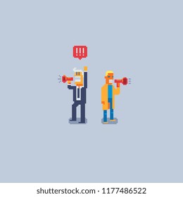 Business man shouting through loud speaker. Hailer yelling. Businessman in tie with megaphone. Leadership speech. Human speaks in the loudspeaker. Pixel art characters. Isolated vector illustration.