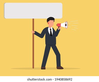 Business man shouting through loud speaker and holding placard. introduction concept