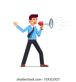 Business man shouting through loud speaker. Hailer energetic yelling. Businessman in shirt & tie with megaphone. Leadership speech. Flat style vector illustration isolated on white background.