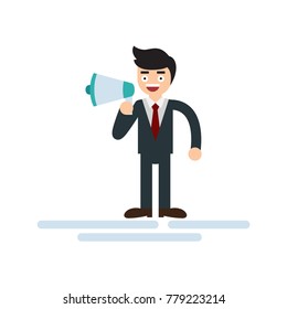 Business man shouting through loud speaker. Hailer energetic yelling. Businessman in shirt & tie with megaphone. Leadership speech. Flat style vector illustration isolated on white background.
