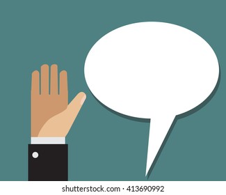 Business man show his hand up and ask something