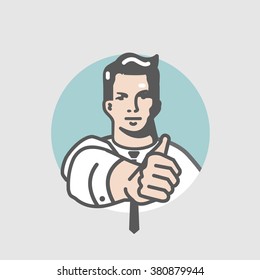 Business man show like. Man gesturing by hands thumbs-up.
