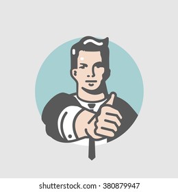 Business man show like. Man gesturing by hands thumbs-up.