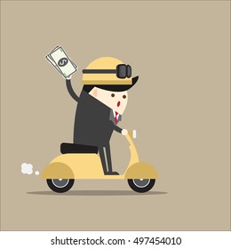 Business man show money on the bike in a hurry to pay the order