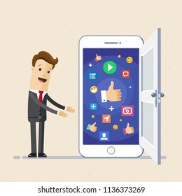 Business man show screen of smartphone with icons. Mobile phones