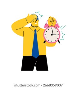 El hombre de negocios está mostrando el reloj. Concepto de tiempo muerto. Ilustración vectorial plana aislada sobre fondo blanco
