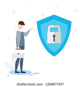Business man showing a data protection icon, illustration in flat modern style.