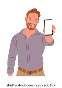 Business man showing mobile phone screen vector.