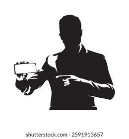 Business man showing mobile phone, high contrast isolated vector silhouette. Businessman clip art