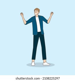 Business man showing positive emotions with gesture clenched fist. Hand draw style. Vector illustration.