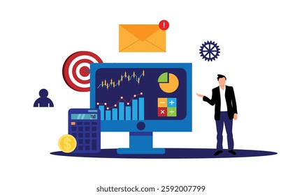 Business Man Showing Presentation with Sales Graph. Trading and finances concept vector art. Work and profit theme.