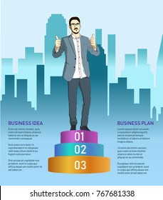 Business man showing thumb up and standing on 123 winners podium. Vector person in suit