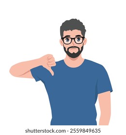 Business man showing thumbs down sign, dislike. Flat Vector character illustration