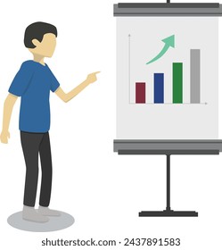Business man showing an upward chart. A man making presentation in front of white board. Flat illustration.